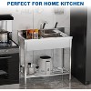 21"x20"x37" free-standing stainless steel sink with 360° rotating faucet, hot/cold water supply, and storage rack for kitchens and outdoor use. - 3 of 4