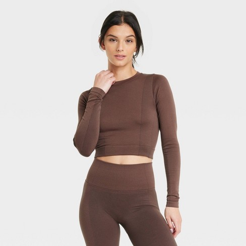 Women's Seamless Long Sleeve Crop Top - All in Motion Brown XL