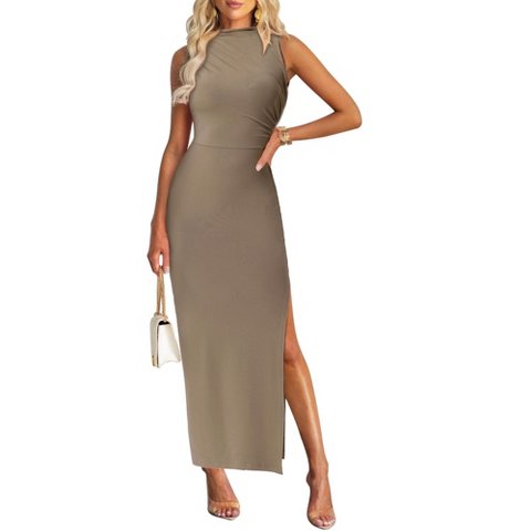 Женские платья INSPIRE CHIC Women's Mock Neck Sleeveless Ruched Front Side Slit Party Bodycon Maxi Dress Large Khaki