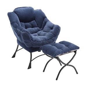 Vynxaria Navy Blue Modern Lounge Accent Chair with Ottoman and Side Pocket for Small Spaces - 1 of 4