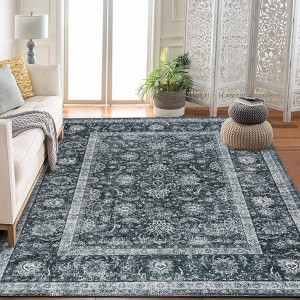 Area Rug for Living Room, Machine Washable Boho Rug for Bedroom, Low Pile Lightweight Thin Floral Vintage Distress Print Pattern Carpet - 1 of 4