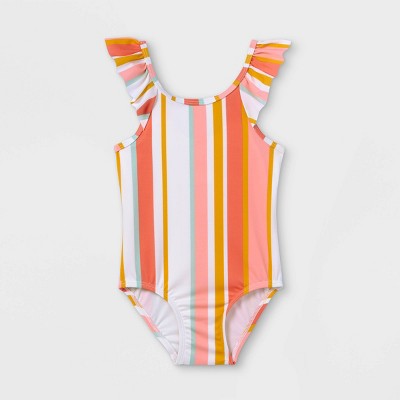 Toddler Girls' Ruffle Striped One Piece Swimsuit - Cat & Jack™ Coral 12M