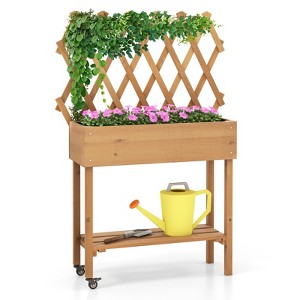 Tangkula Wooden Raised Garden Bed w/ Trellis Storage Shelf Legs Mobile Elevated Planter Box w/ Lockable Wheels Fabric Liner - 1 of 4