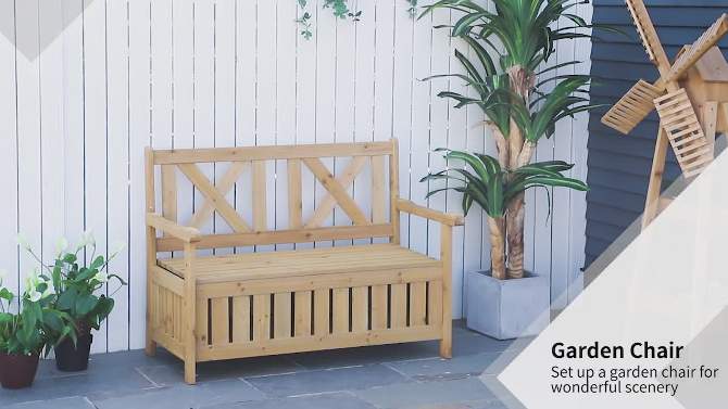 Outsunny 29 Gallon Garden Storage Bench with Wooden Frame, Large Entryway Deck Box w/ Unique X-Shape Back, Louvered Side Panels for Patio, Garden, Deck, Porch & Balcony, 2 of 10, play video