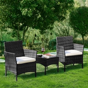 FURNIinspire Patio Dining Sets Patio Furniture Set 3 Pieces, Glass Table, Weaving Rattan Patio Chairs for Garden, Terrace, Black, 23"*22"*31.4" - 1 of 4