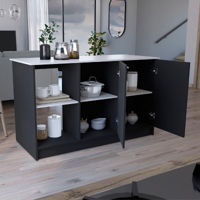 Vynxaria Kitchen Island with Spacious Top, Double Door Cabinet & Open Shelves