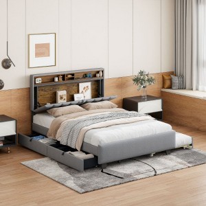 Queen size Upholstered Platform Bed with Storage Headboard, Twin XL Size Trundle and 2 drawers and a set of Sockets and USB Ports, Linen Fabric, Beige - 1 of 4
