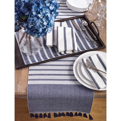 Navy Blue Cotton Ribbed Tassel Table Runner