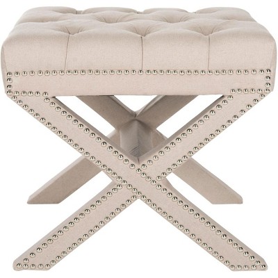 Elegant Taupe Linen Tufted Ottoman with Silver Nailhead Accents