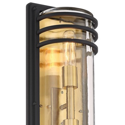 21" Black and Brass Industrial Outdoor Wall Light with Clear Glass