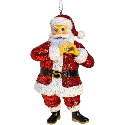 Kurt Adler Resin Ornament for Christmas Tree, Glittered Santa with Heart Hands