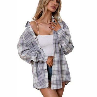 Coolmee Women's Button Down Flannel Shirts Plaid Shacket Long Sleeve Collared Business Casual Tops Work Blouses
