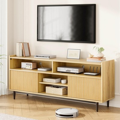Fluted TV Stand for 80 Inch, Boho Entertainment Center with Sliding Doors, Wood Media Cabinet Furniture