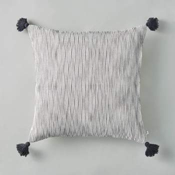 24"x24" Woven Slub Stripe Throw Pillow with Tassels Gray/White - Hearth & Hand™ with Magnolia