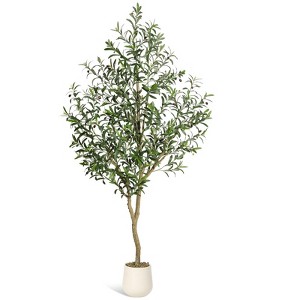 5FT(1pcs) Artificial Olive Tree, UV Resistant Fake Realistic Olive Tree in White Pot with Olives, Moss Decors,  for Front Door Living Room Garden - 1 of 4