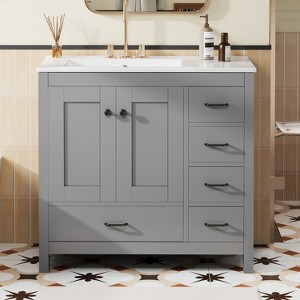 GDFStudio Torrin 36" Bathroom Vanity with Ceramic Sink, 2 Soft-Close Doors and 5 Drawers - 1 of 4