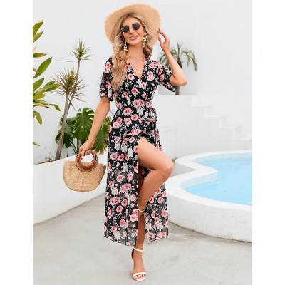 Women's Dress Floral V Neck Boho Short Sleeve Summer Casual Long Wrap Dress Tunic Midi Dress with Slit