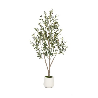 5-7FT Artificial Olive Tree with White Planter, Faux Olive Tree Fake Potted Olive Silk Tree for Indoor/Outdoor Home Decor with Realistic Trunk