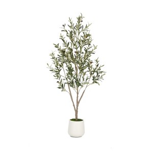 5-7FT Artificial Olive Tree with White Planter, Faux Olive Tree Fake Potted Olive Silk Tree for Indoor/Outdoor Home Decor with Realistic Trunk - 1 of 4