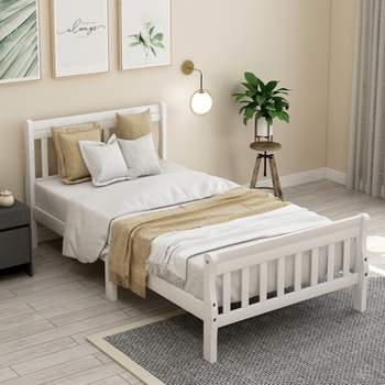 Twin Size Wood Platform Bed with Headboard, Footboard and Wooden Slat Support-ModernLuxe