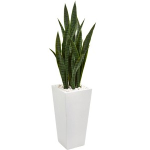 Nearly Natural 4-ft Artificial Sansevieria Snake Plant in White Tower Planter - 1 of 2