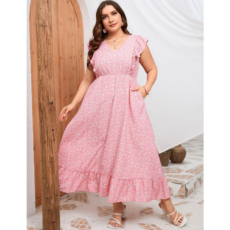 Women's Plus Size Summer Dress with Pocket Ruffle Cap Sleeveless V Neck Side Split Long Beach Maxi Dress, 4 of 9