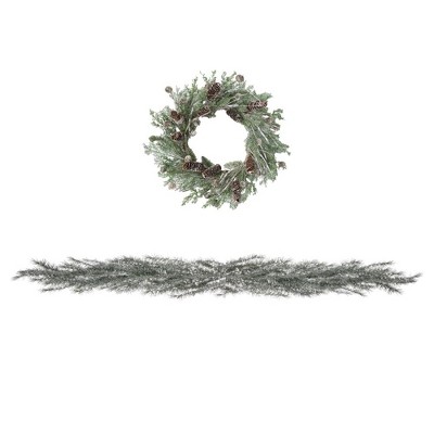 Sullivans Artificial Cedar and Weeping Pine Wreath and Garland Set 24"H & 6'9"L Green