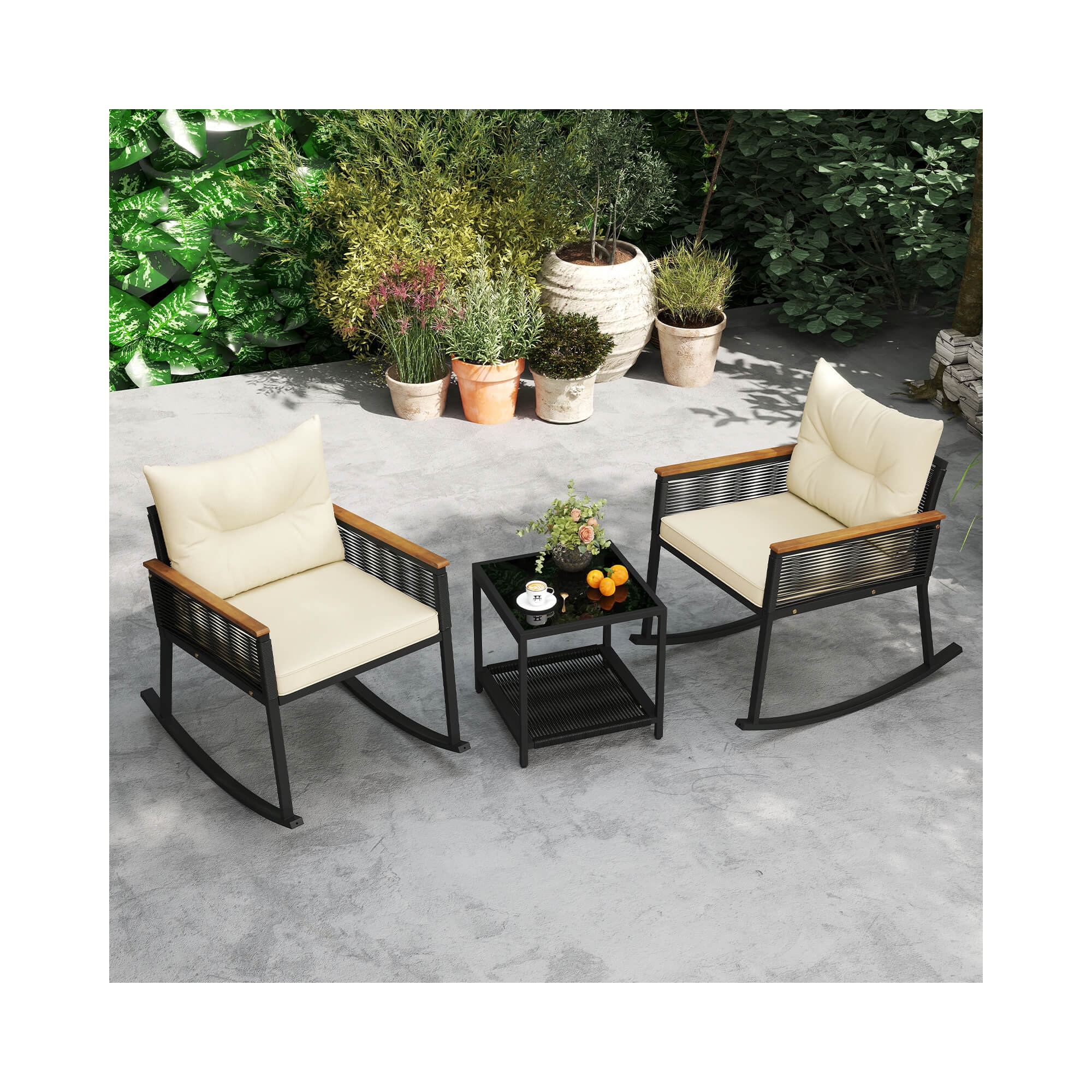 Costway 3 PCS Outdoor Rocking Bistro Set with 2-Tier Coffee Table, Acacia Wood Armrests