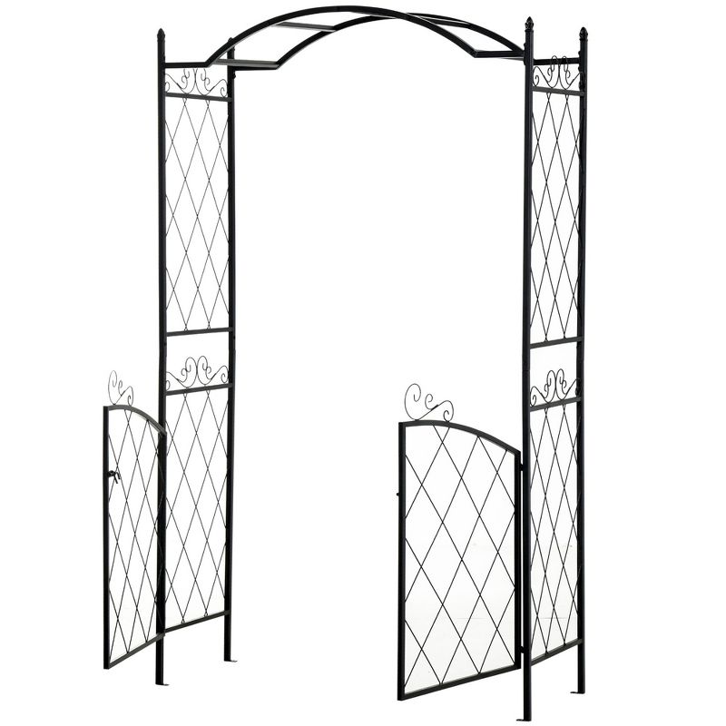 Outsunny 85'' Metal Garden Arbor with Gate, Outdoor Steel Arch with Scrollwork for Climbing Vines, Ground Mountable Columns, 4 of 9