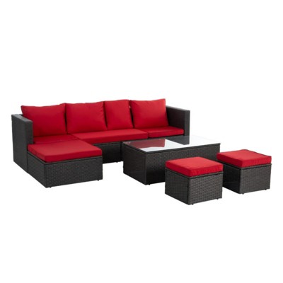 Maggift 7PCS Patio Seating Rattan Furniture Set Sectional Sofa Cushioned Garden, Tempered Glass Table, Red, 98.4"*28.3"*26.7"