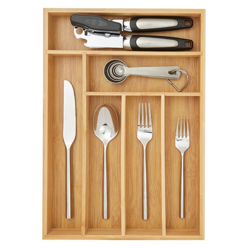 Juvale Narrow Bamboo Silverware Drawer Organizer, Wooden Cutlery Tray Holder for Utensil Storage with 6 Slots, 14.5 x 10.25 x 1.75 Inches, 5 of 9