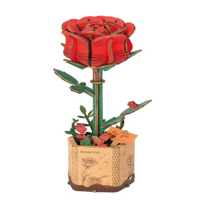 ROBOTIME 3D Wooden Puzzle Red Rose DIY Model Building Kits Artifical Flower Toys, Red, 3.3"*2.5"*8.2"