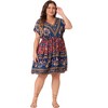 Agnes Orinda Women's Plus Size Boho Floral V Neck Drop Shoulder Drawstring Waist A Line Dresses - 3 of 4