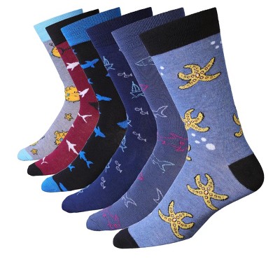 JAMES FIALLO Mens 6 Pairs Whimsical Oceanic Serenity Playful Sea Creature Colorful Patterned Crew Dress Socks