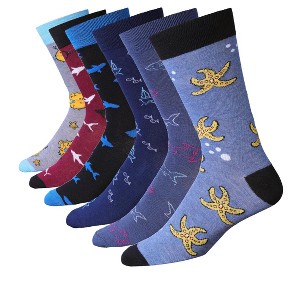 JAMES FIALLO Mens 6 Pairs Whimsical Oceanic Serenity Playful Sea Creature Colorful Patterned Crew Dress Socks - 1 of 4