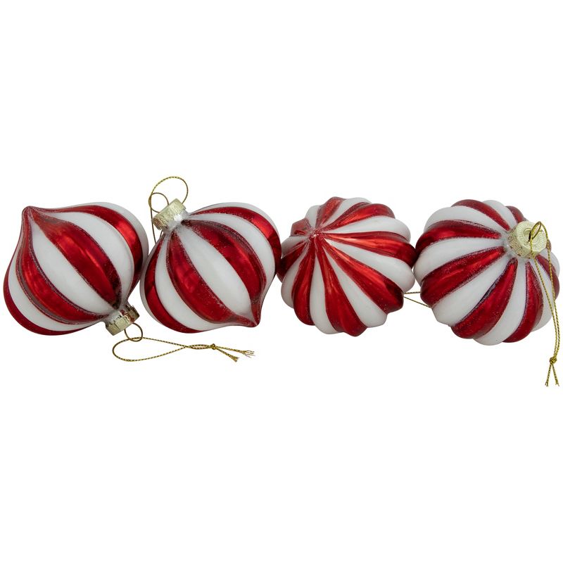 Northlight 4ct Red and White Glittered Candy Cane Onion Glass Christmas Ornaments 3", 3 of 6