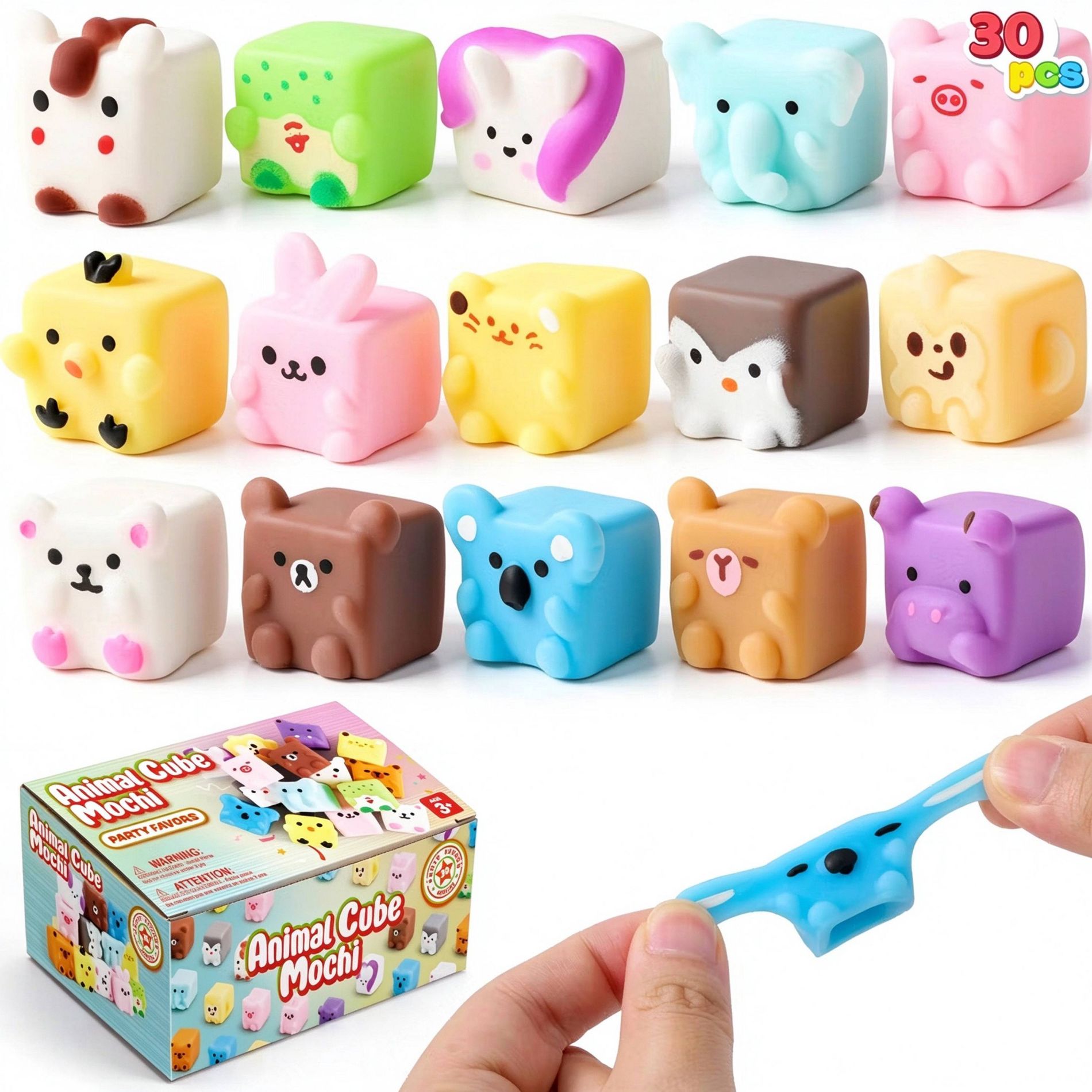 Joyfy 30Pcs Mochi Squishy Toys Bulk Cube Animal Squishies Party Favor for Kid, Mini Stress Relief Sensory Fidget Squeeze Toy for Kids Birthday Gift
