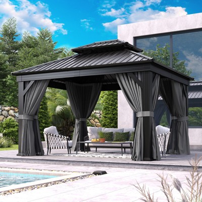Aoxun 12' x 20' Aluminum Hardtop Gazebo with Curtains & Netting  Double Roof Pavilion for Backyard, Poolside, Parties, and All-Season Use