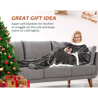 Gray Sherpa Fleece Wearable Blanket with Sleeves and Foot Pockets