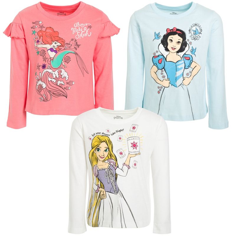 Disney Princess Ariel Cinderella Tiana Belle Jasmine Moana 3 Pack T-Shirts Toddler to Big Kid, 1 of 8