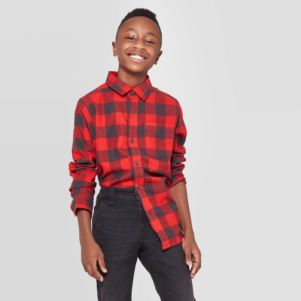 Boys' Check Long Sleeve Button-Down Shirt - Cat & Jack Red/Black XS, Boy's was $14.99 now $8.99 (40.0% off)