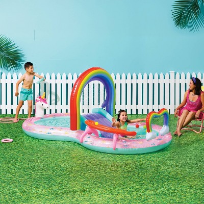 Condition photo showing As Is for unicorn world paly center inflatable water park - sun squad™