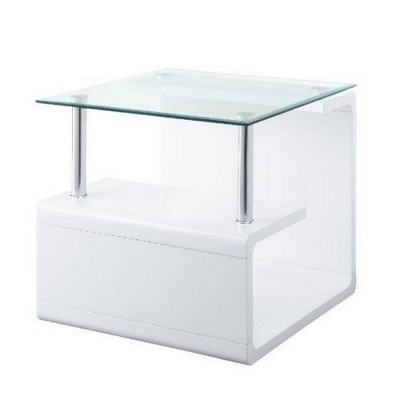 Royal Hampton 24 Inch Square Accent End Table, Glass Top, Open Shelf, White, Chrome