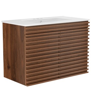 APRILSOUL Bathroom Vanity, Mid-Century Wall Mounted Floating Cabinet with 2 Closing Doors, Wood Grain Texture, Walnut - 1 of 4