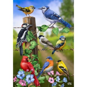 Country Birds Spring House Flag Goldfinches Blue Jay 28" x 40" Briarwood Lane - 1 of 4