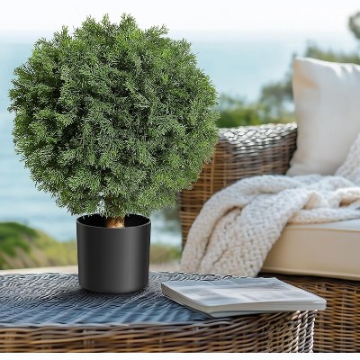 24" Artificial Topiary Boxwood Ball Trees, Set of 2 UV Resistant Plants, Faux Boxwood with Pots for Front Porch, Indoor Walkway, Entryway Decorating