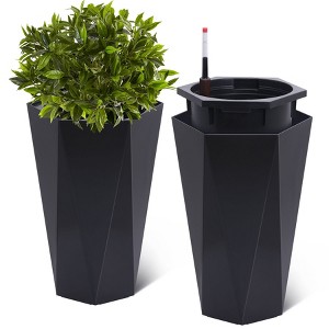 Tall Planters Set of 2, Large Flower Pot Outdoor and Indoor with 2 Trays and a Water Level Monitor and Wheels - 1 of 4