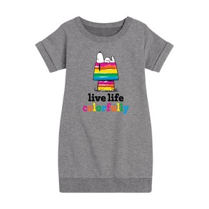 - Peanuts - Live Life Colorfully Graphic Short Sleeve Fleece Dress - 1 of 4
