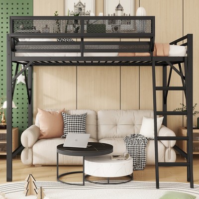 Racxily Full Size Loft Bed with Ladder, Metal Full Loft Bed with Storage Shelves, High Loft Bed for Kids Teens, Black