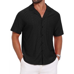 INSPIRE CHIC Men's Camp Collar Button Down Short Sleeve Hollow Texture Knit Shirts - 1 of 4
